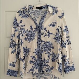 Zara Women's Matching Set Button Down Shirt with Blue Floral Design and Skirt M